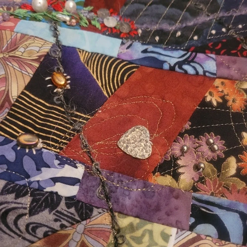 Vintage Signed Handmade Crazy Quilt Embroider Patchwork Wall Decor Art OOAK HTF